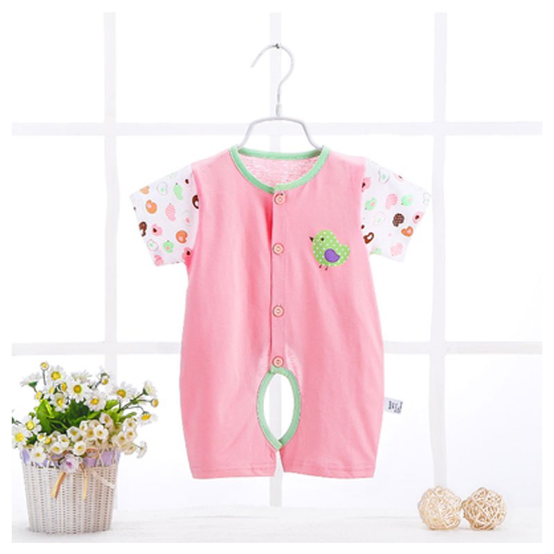 2017新品夏天婴儿连体衣夏季薄新生儿衣爬服婴幼儿短袖哈衣0-1岁3男女宝宝夏装可爱卡通简约休闲内衣 90cm(90码（建议身高80-90cm) 粉色幸福小鸡