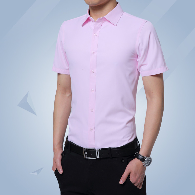 京质优品夏季短袖白衬衫男士黑修身衣服纯色商务衬衣男装青年寸衫 XXXL 粉色