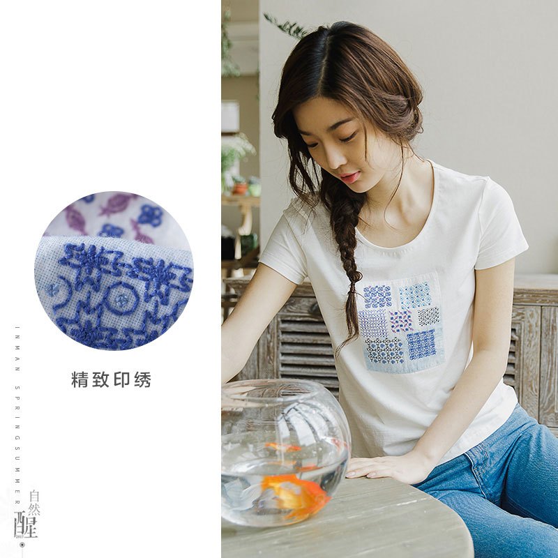 茵曼夏装文艺印花棉质圆领T恤女短袖宽松上衣1872022101