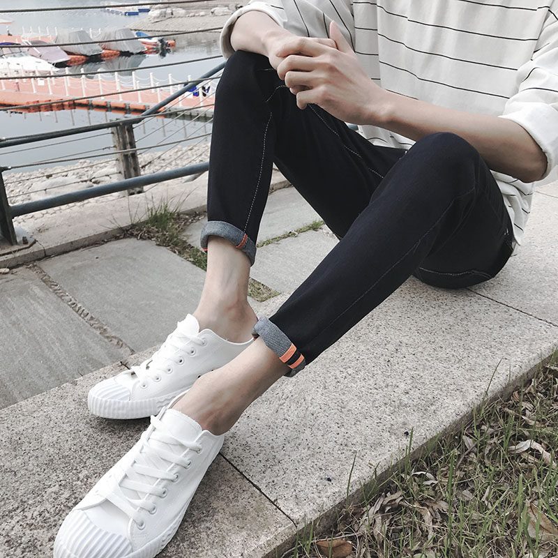 南极人春夏季新款9分裤休闲学生青少年弹力牛仔裤小脚裤修身九分裤男士D1008 34 9810黑色