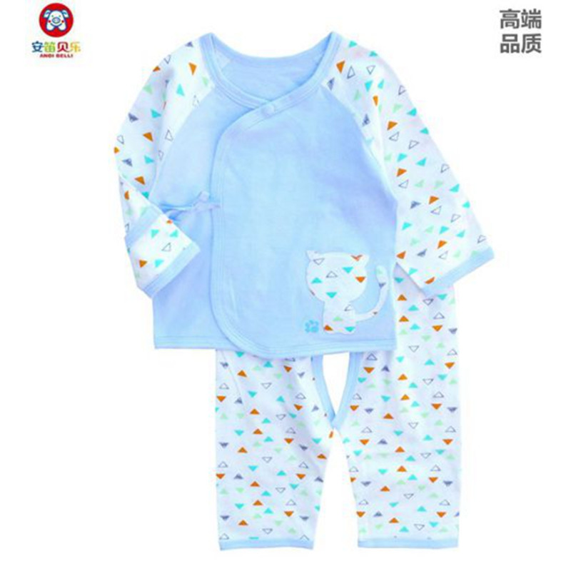 安笛贝乐品牌婴幼儿通用新生儿衣服0-3-6个月蓝色纯棉初生婴儿内衣套装婴幼儿系绳和服52-59cm