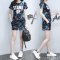 愫惠君(suhuijun)欧洲站星空条纹印花休闲运动服短袖短裤套装女夏跑步大码两件套S9036 XXL 黑色泼墨款