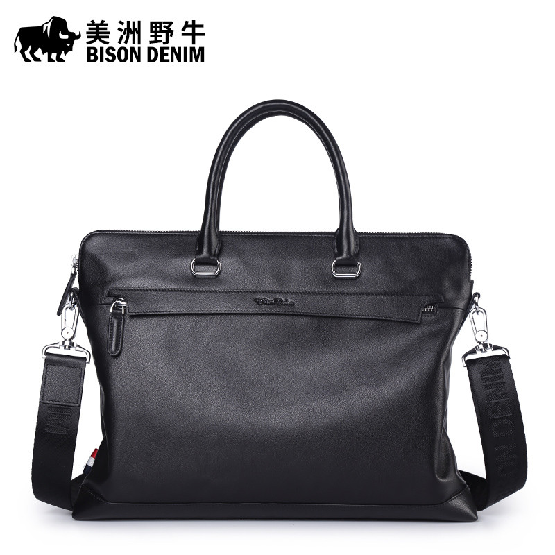 美洲野牛商务男包真皮手提包横款牛皮公文包单肩包男斜挎包N2629-3B 黑色