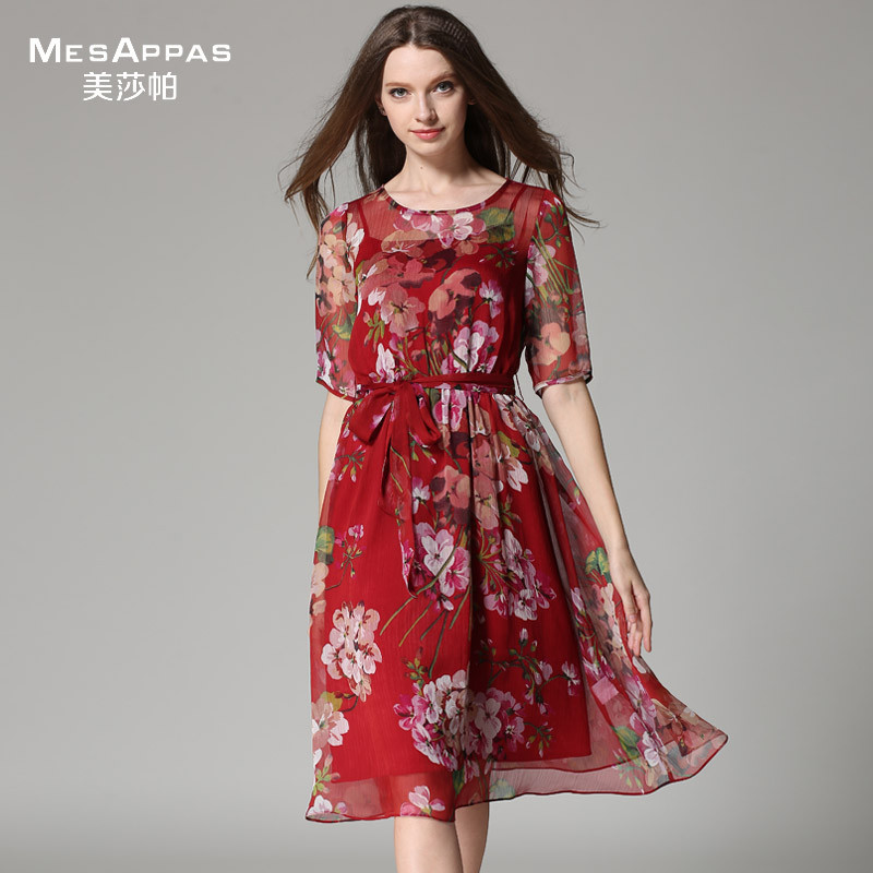 MesAppas美莎帕印花绑带气质收腰雪纺连衣裙MA19XL058245 M 大红色