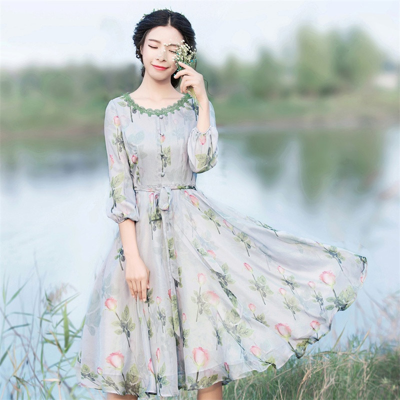 烟花烫女装气质修身印花中长款雪纺连衣裙 芳喻29031201 花色 XL