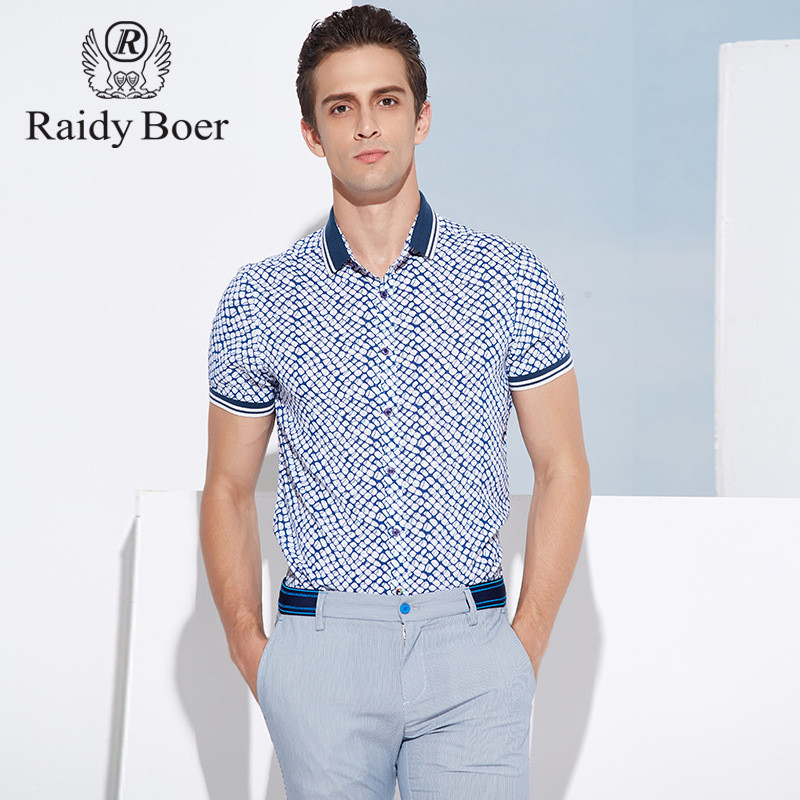 Raidy Boer/雷迪波尔夏装新品翻领拼接时尚休闲短袖衬衫1011 185/54/XXL 蓝色