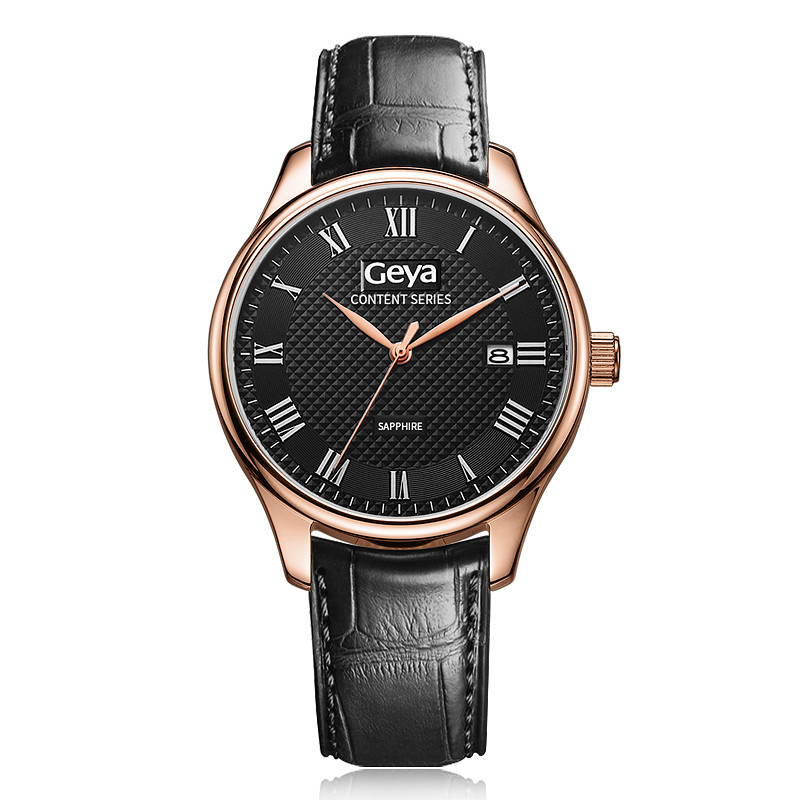 geya格雅 复古经典石英手表男日历皮带防水男士腕表g76027gwkk 黑盘