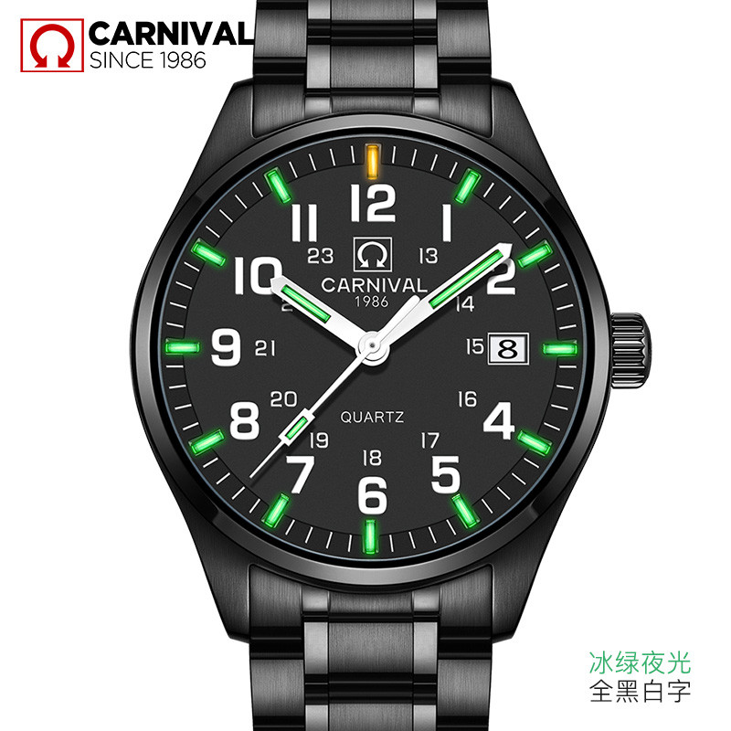 嘉年华CARNIVAL手表复古男士石英表男双日历防水手表休闲时尚男表高清夜光指针大数字刻度精钢腕表8638G 全黑黑带