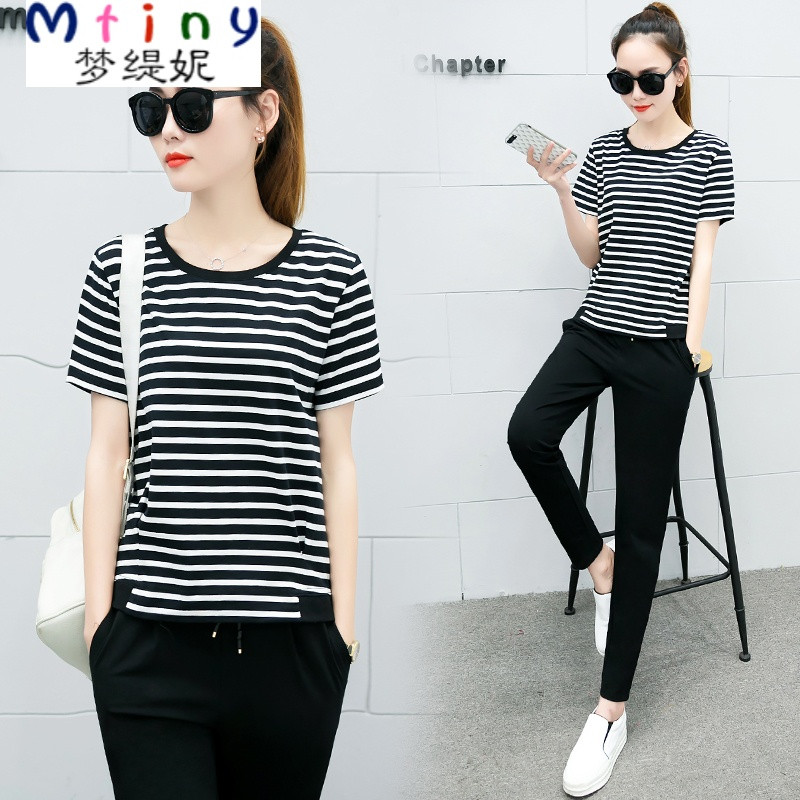 Mtiny休闲运动套装女夏款韩版时尚运动服女夏季短袖长裤运动两件套 XXL 黑条纹【330款】