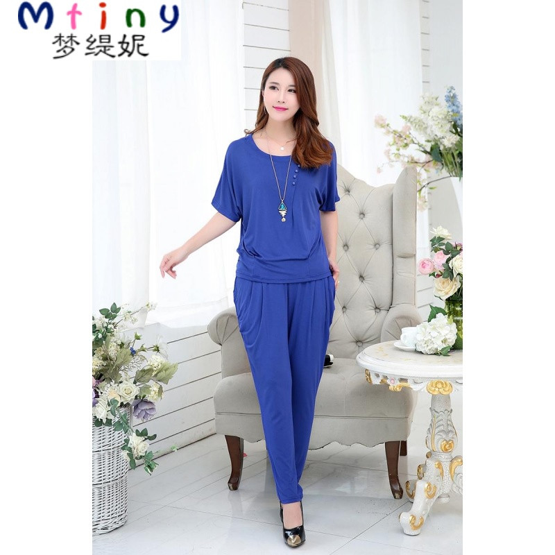 Mtiny春夏季中年女士休闲运动套装长袖外套宽松上衣短袖T恤长裤两件套 4XL 深蓝短袖