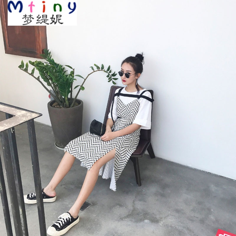 MtinyBOCCALOOK定制 夏一字肩设计斜纹印花吊带连衣裙开叉雪纺长裙 S 如图【现货】