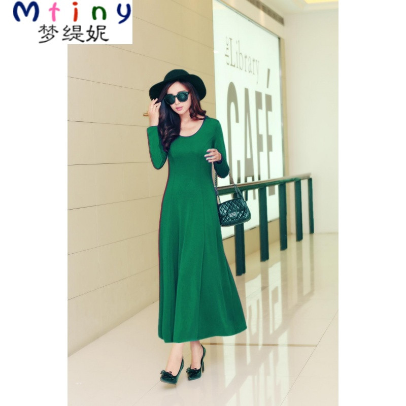 Mtiny【天天特价】夏季大码女装圆领背心裙韩版时尚修身连衣裙大摆长裙_4_9 XL 绿色长袖