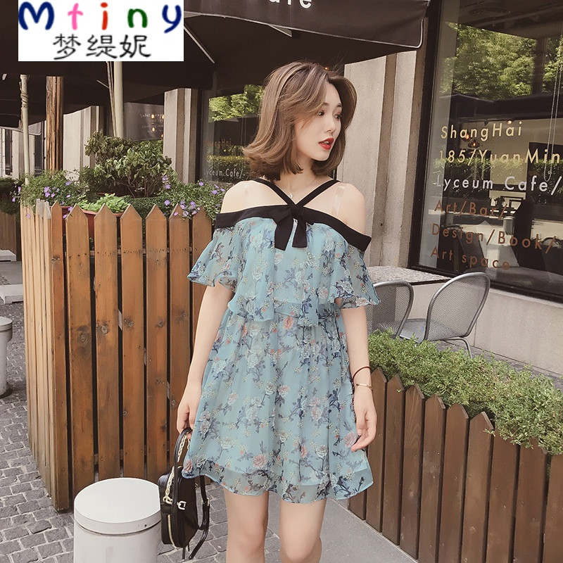 Mtiny夏季新款韩版碎花雪纺连衣裙女一字露肩时尚印花小心机短裙子 M 灰蓝色