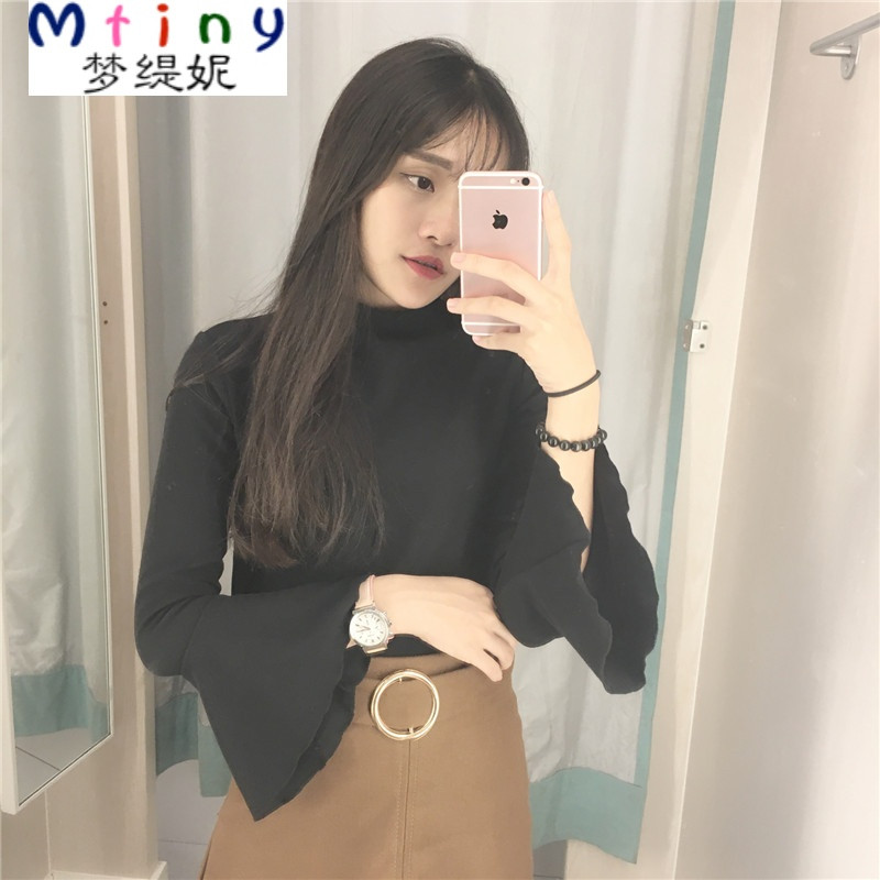 Mtiny半高领喇叭袖针织衫女套头修身薄款女chic上衣长袖学生打底衫T恤 均码 黑色