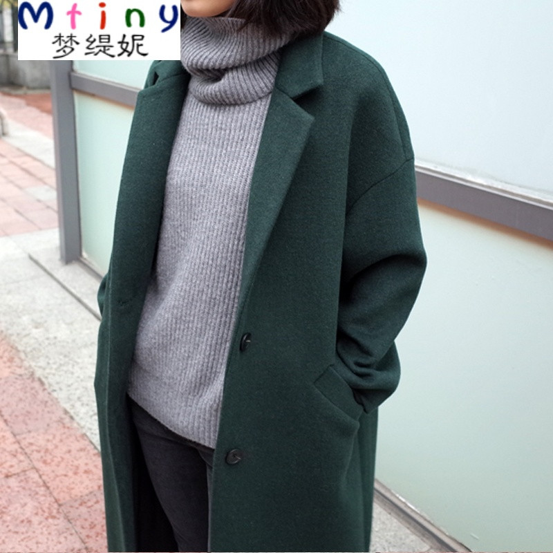 Mtiny秋冬新款韩版女装大码宽松显瘦长款呢大衣休闲时尚女士毛呢外套潮 S 墨绿色