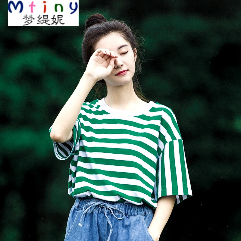 Mtiny谧斯（谧私）文艺小清新学院风中袖粗横条纹不对称宽松T恤夏季女