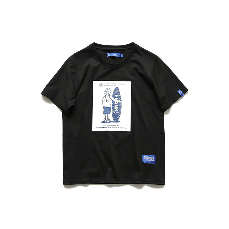 吉服社日系复古创意印花圆领短袖T恤潮男夏装青少年修身打底衫 XXL 黑色