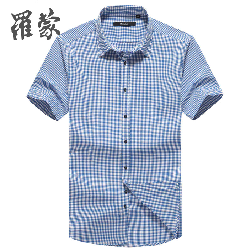 罗蒙男士纯棉短袖衬衫格子商务休闲薄款衬衣2015夏季新品