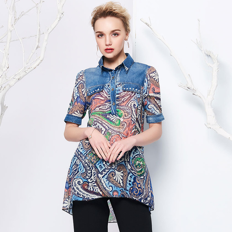 女性潮流拼接牛仔印花裙 XXXL 花色