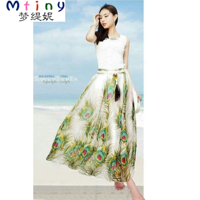 Mtiny2017春夏新款波西米亚碎花雪纺半身裙民族风长裙大摆沙滩裙仙女裙 弹力腰围不挑身材 白底多羽毛