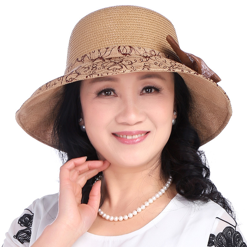 2017款】夏天妈妈防晒遮阳帽中老年人帽子女士草帽中年大檐沙滩帽老人帽子 咖啡色