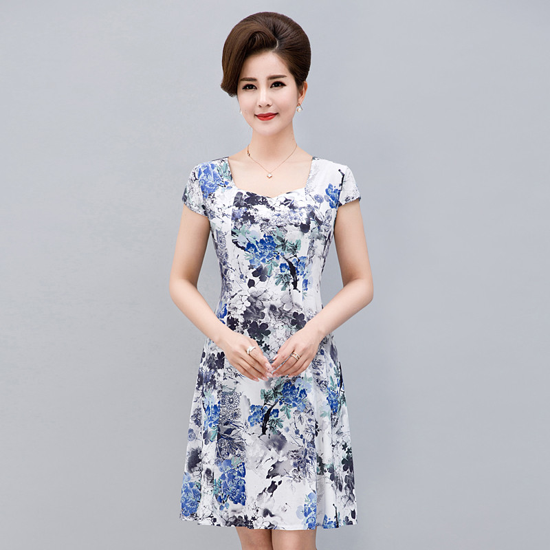 2017款】中老年女装中年大码胖妈妈装短袖全棉绸碎花连衣裙子2017夏装新款 5XL 3号色