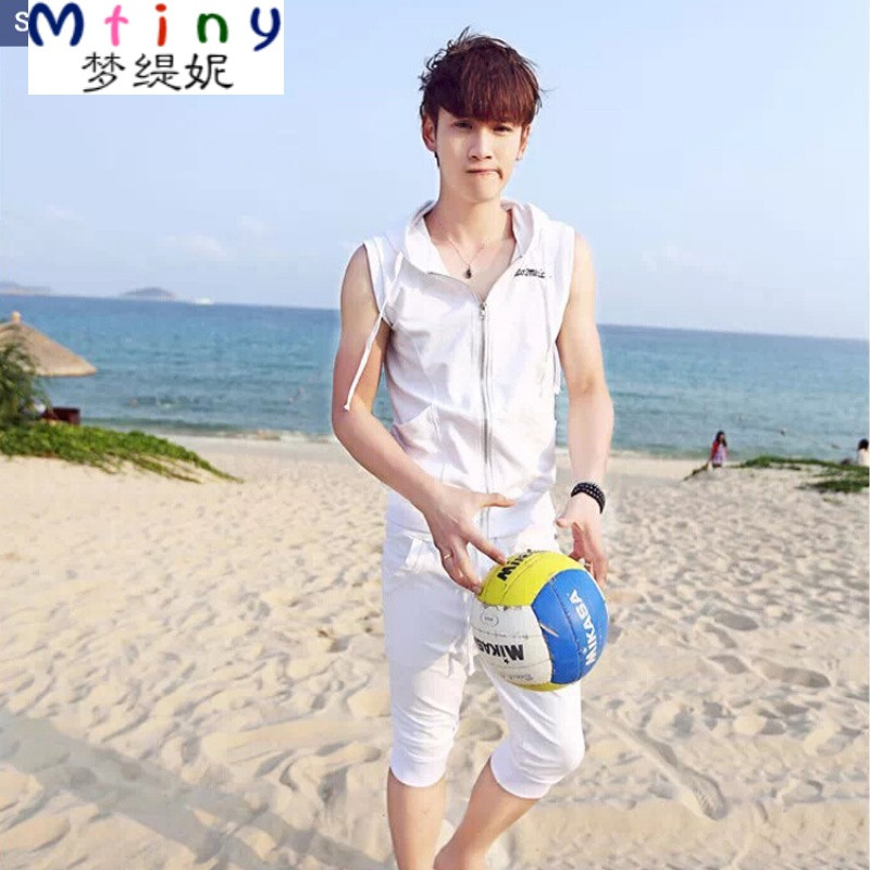 Mtiny男士套装夏季韩版潮男装无袖运动卫衣夏天健身服男生休闲套装卫衣 XL 白色