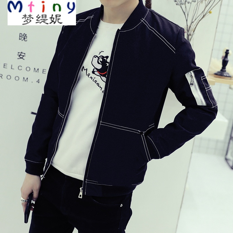 Mtiny男士春季2017新款春秋韩版休闲夹克春装学生帅气棒球衣服外套潮流 M J22黑色