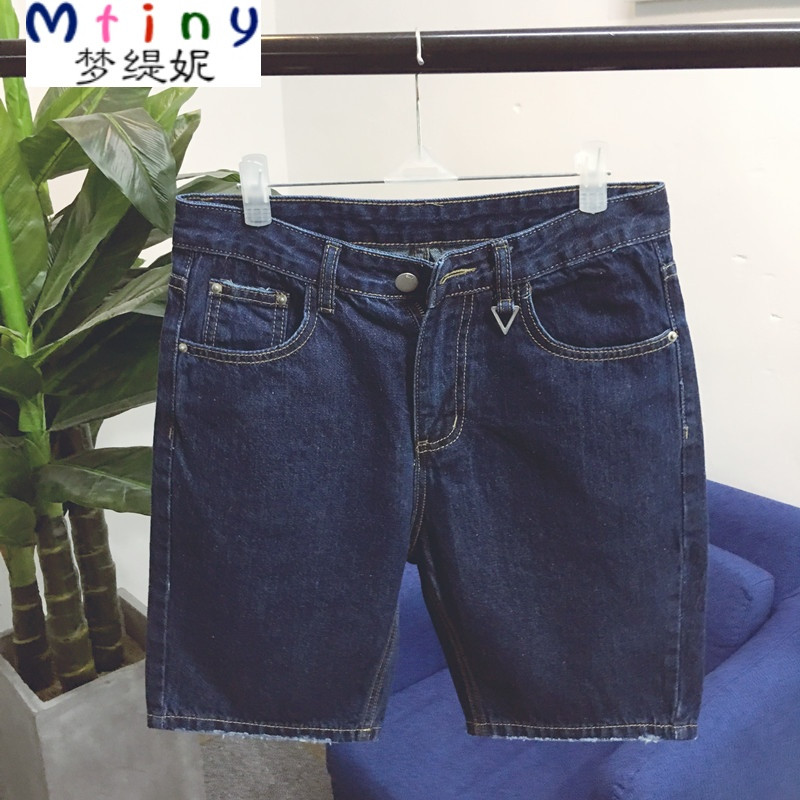 Mtiny日系复古牛仔短裤男纯色五分裤男装夏季修身直筒5分中裤马裤潮薄 31 深蓝色