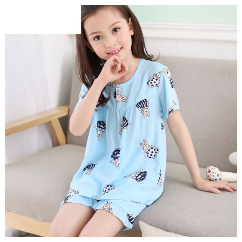 2017新品夏季儿童女童睡衣短袖短裤薄款小孩中大童绵绸宝宝家居服套装简约小清新多款多色可选 130cm 短袖短裤蓝色兔子