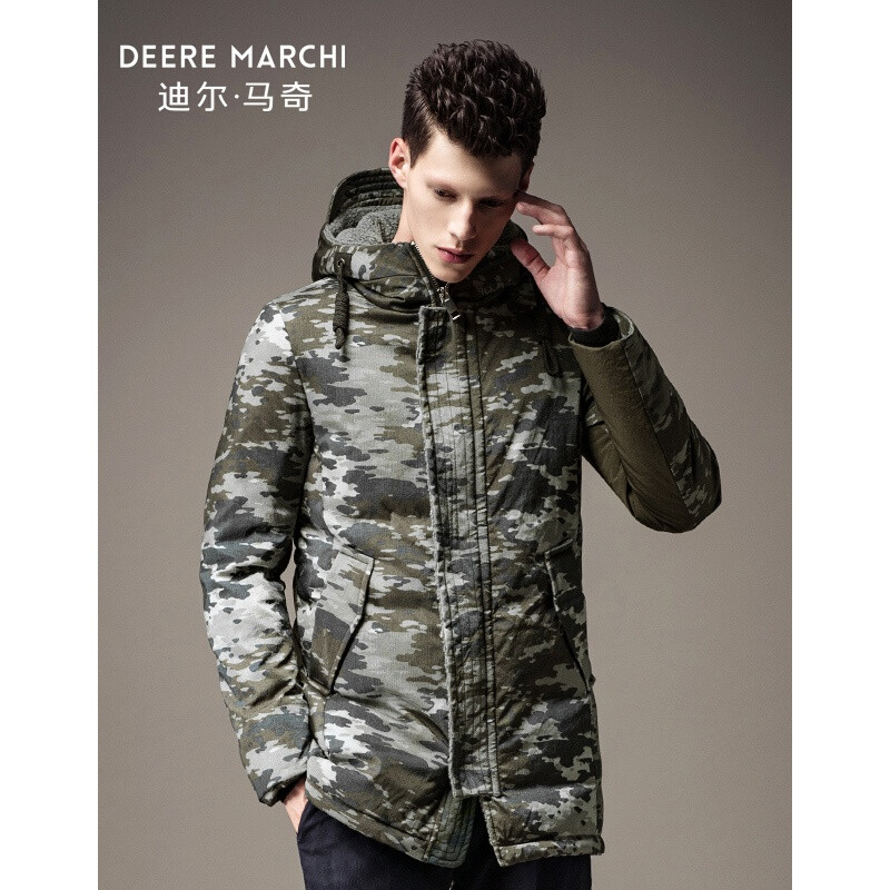 迪尔马奇冬装新款男士羽绒服迷彩连帽中长款保暖外套M13757绿色 M 默认颜色