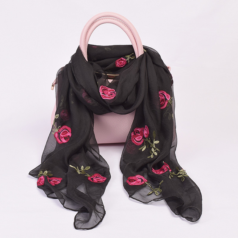 南极人春夏秋季雪纺绣花防晒披肩 空调披肩 玫瑰花朵刺绣女士丝巾 长围巾多用D1031 N-8-3#雪纺玫瑰绣花-黑色
