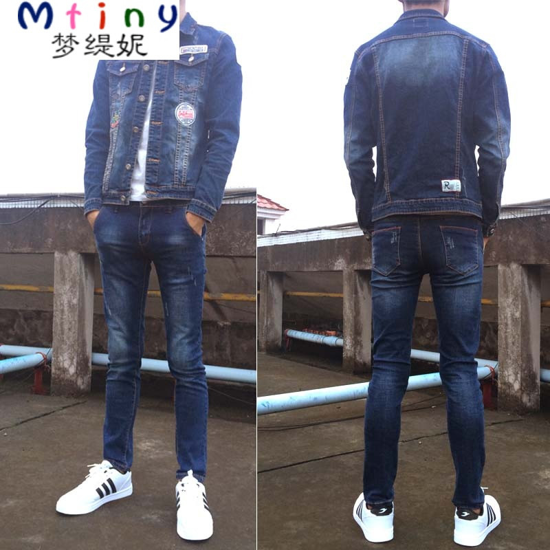 Mtiny夏季牛仔套装男韩版修身潮流两件套外套夹克青年衣服弹力一身男装 XL 徽章