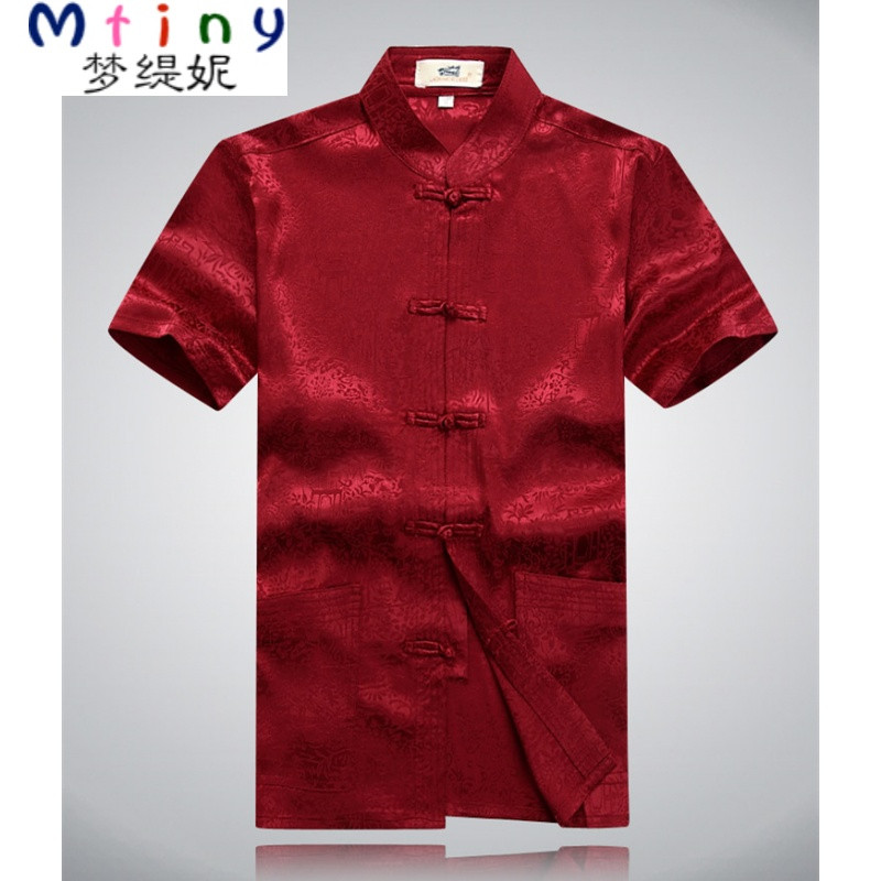Mtiny唐装男士短袖夏季中老年汉服中年爸爸装夏装衬衫中式大码男装上衣 165 上河图短袖红色上衣