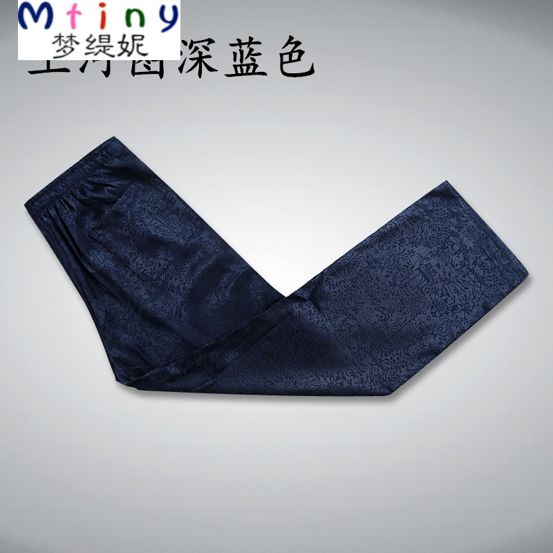 Mtiny唐装男士短袖夏季中老年汉服中年爸爸装夏装衬衫中式大码男装上衣 185 上河图深蓝色裤子