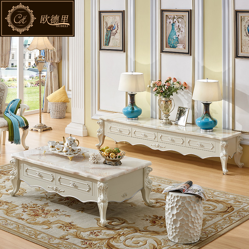 欧德里 欧式电视柜大理石面客厅简欧卧室象牙白电视机柜茶几组合 大理石电视柜2.*0.46【汉白玉】