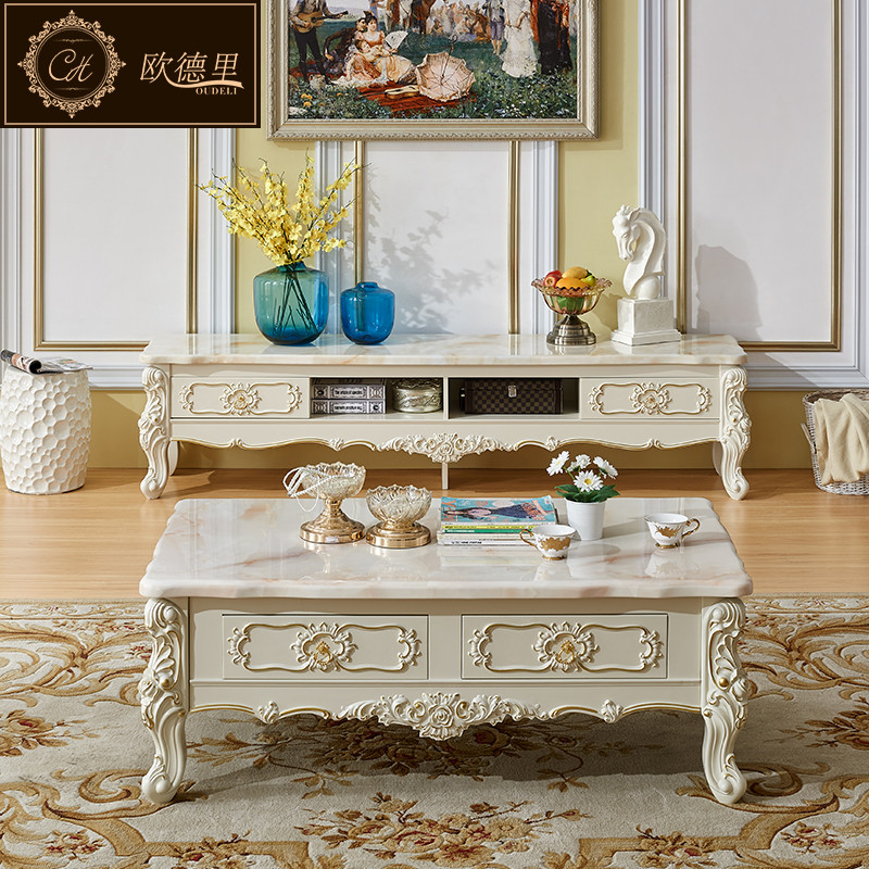 欧德里 欧式电视柜大理石面客厅简欧象牙白电视机柜茶几组合 大理石电视柜2.*0.46【描金】