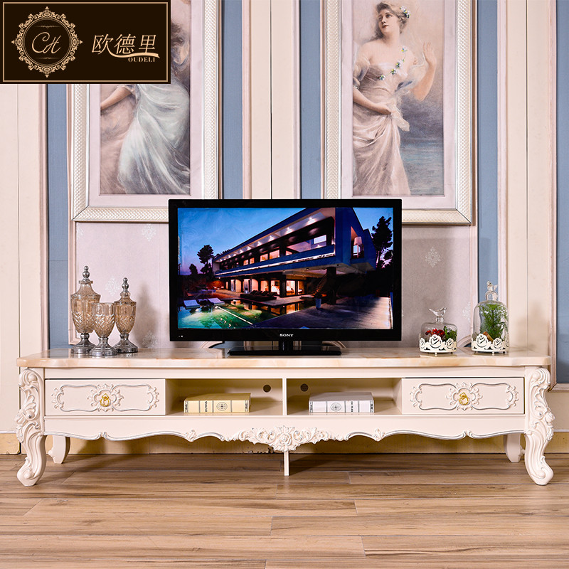 欧德里 欧式电视柜大理石面客厅简欧象牙白电视机柜茶几组合 大理石电视柜2.*0.46【描银】