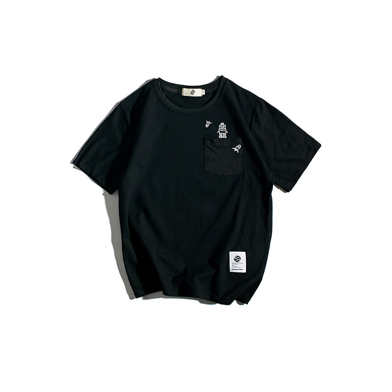 吉服社日系复古机器人刺绣圆领短袖T恤潮男夏季修身打底衫体恤 XXL 黑色