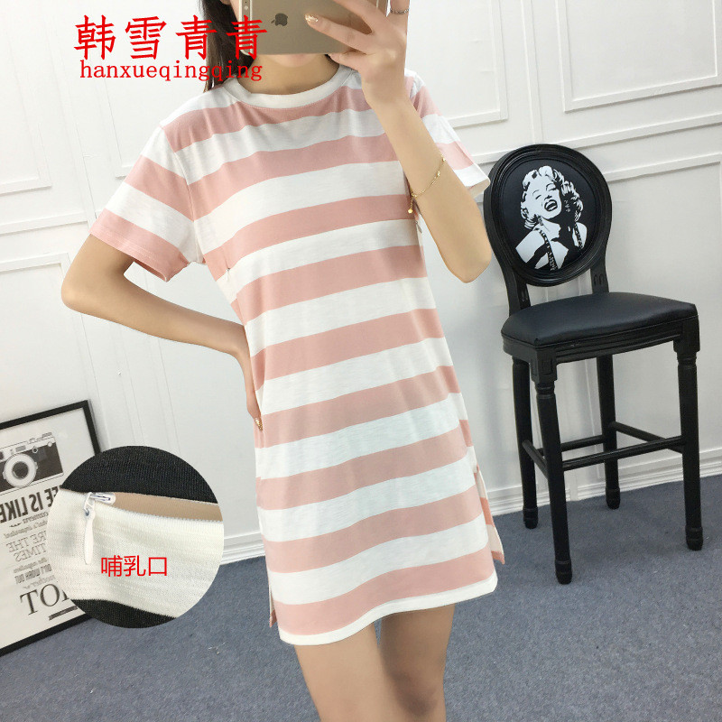 韩雪青青2017夏季新款实拍2017夏装新款外出哺乳中长纯棉短袖t恤裙8890#1500028325855 L 黑色
