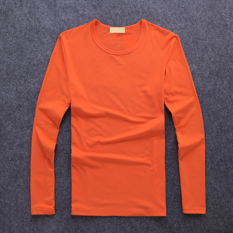 男士长袖t恤纯色V领圆领春秋季男装上衣服打底衫修身体恤小衫 5XL 橙色-圆领