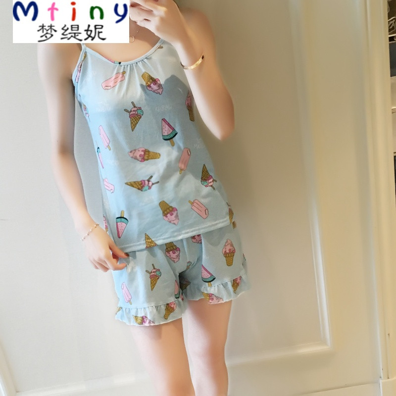 Mtiny韩版学生睡衣女夏吊带套装短裤少女休闲两件套薄款可爱公主家居服 M【75-90斤】 吊带雪糕蓝色