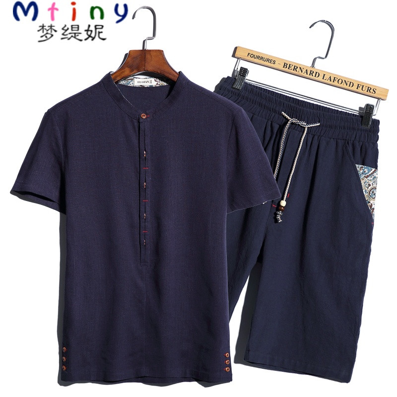 Mtiny男士夏装中国风大码亚麻短袖短裤一套装中老年棉服潮爸爸男装 4XL 青衣青裤