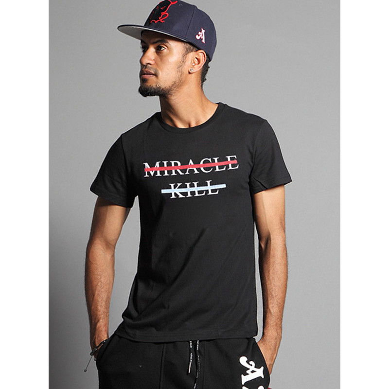 MIRACLE KILL2017春夏新款MK字母横杆印花简约圆领短袖T恤 L 黑色