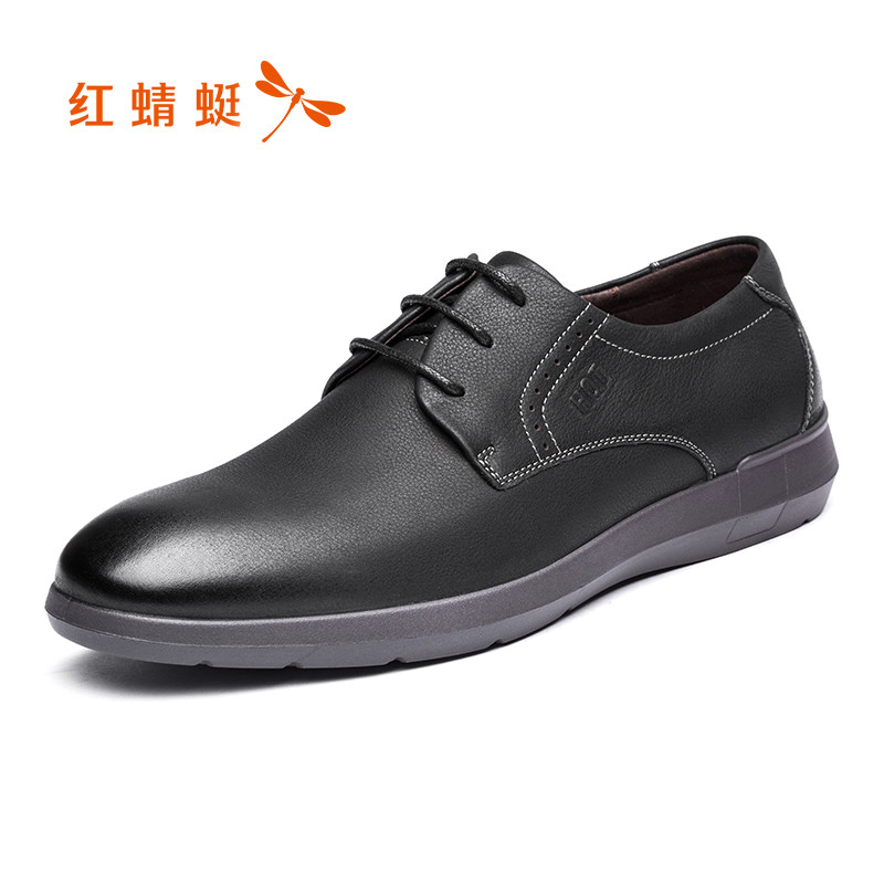 红蜻蜓男鞋皮鞋经典潮流商务休闲单鞋牛皮时尚软面轻便舒适系带单鞋 黑色 42码