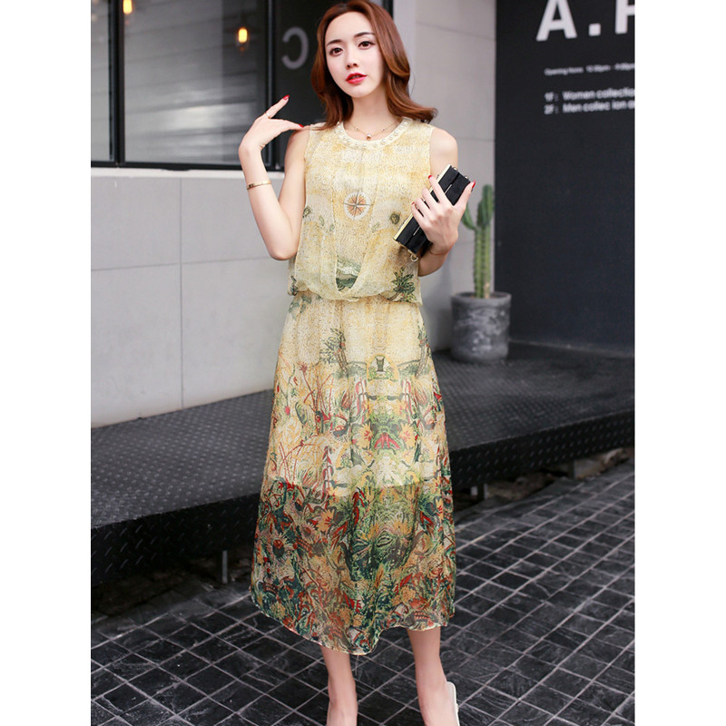 丝柏舍2019夏装女装个性前卫时尚无袖钉珠圆领印花收腰中长款连衣裙S72R1143L 黄色 S