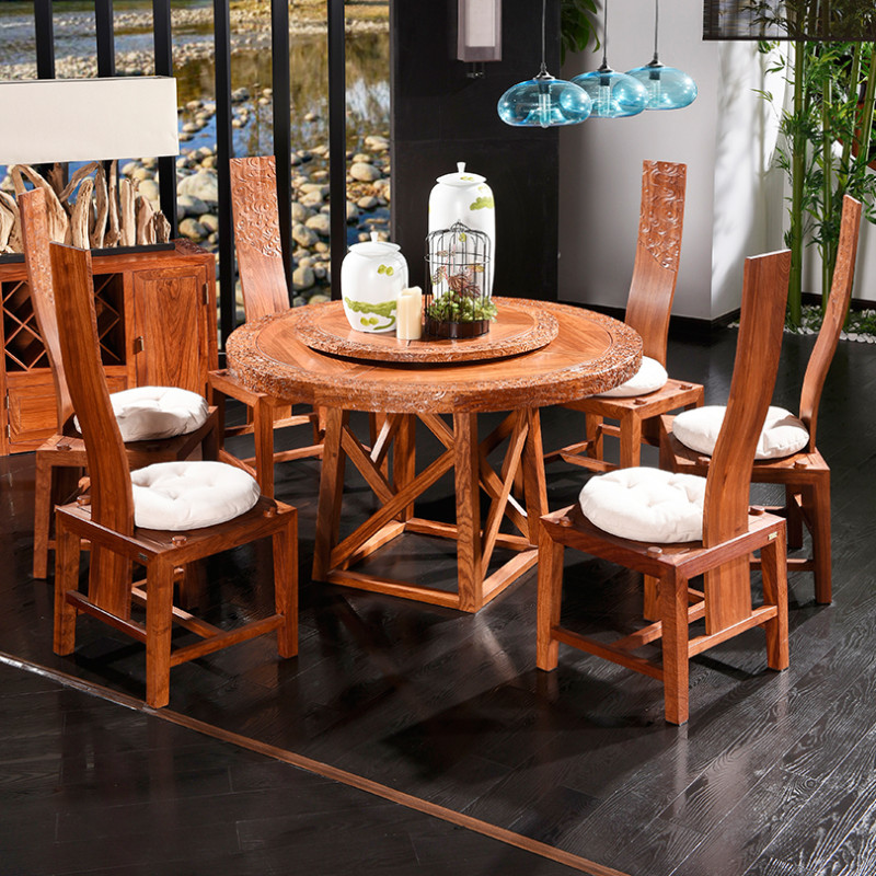 木屋子 红木餐桌餐椅组合新中式刺猬紫檀实木家具 1.58米一桌六椅