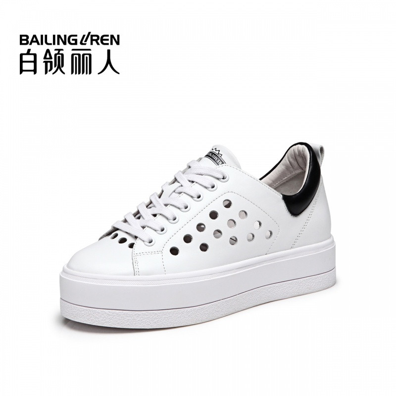 白领丽人新款牛皮圆头厚底松糕女鞋镂空系带时尚休闲鞋 白色现货 38