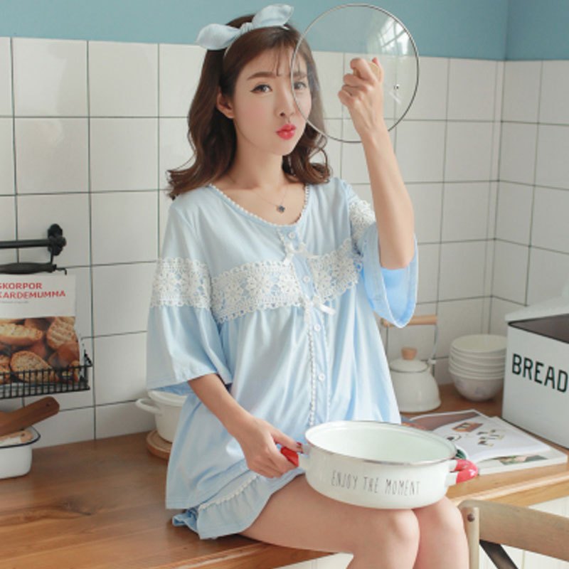 孕妇睡衣夏季薄款短袖月子服产后哺乳衣外出喂奶衣家居服套装当季新品简约休闲可爱妈咪家居服小清新多款可选 XL【适合135-150斤】 1715#蓝色蕾丝【短袖套装