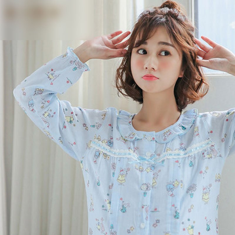 春夏季双层纱布月子服孕妇哺乳睡衣产后喂奶衣家居服当季新品简约休闲妈咪居家衣服小清新长袖睡衣 L 蓝小兔